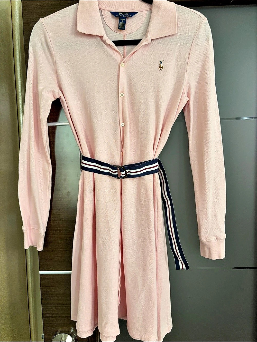 Polo Ralph Lauren Long Sleeve Striped Belted Midi Dress Pink Medium